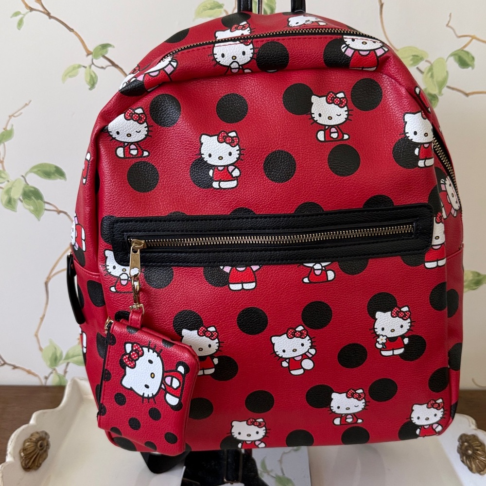 Hello Kitty Red and Black Polka Dot Faux Leather Backpack & Coin Purse - NEW - Picture 4 of 12
